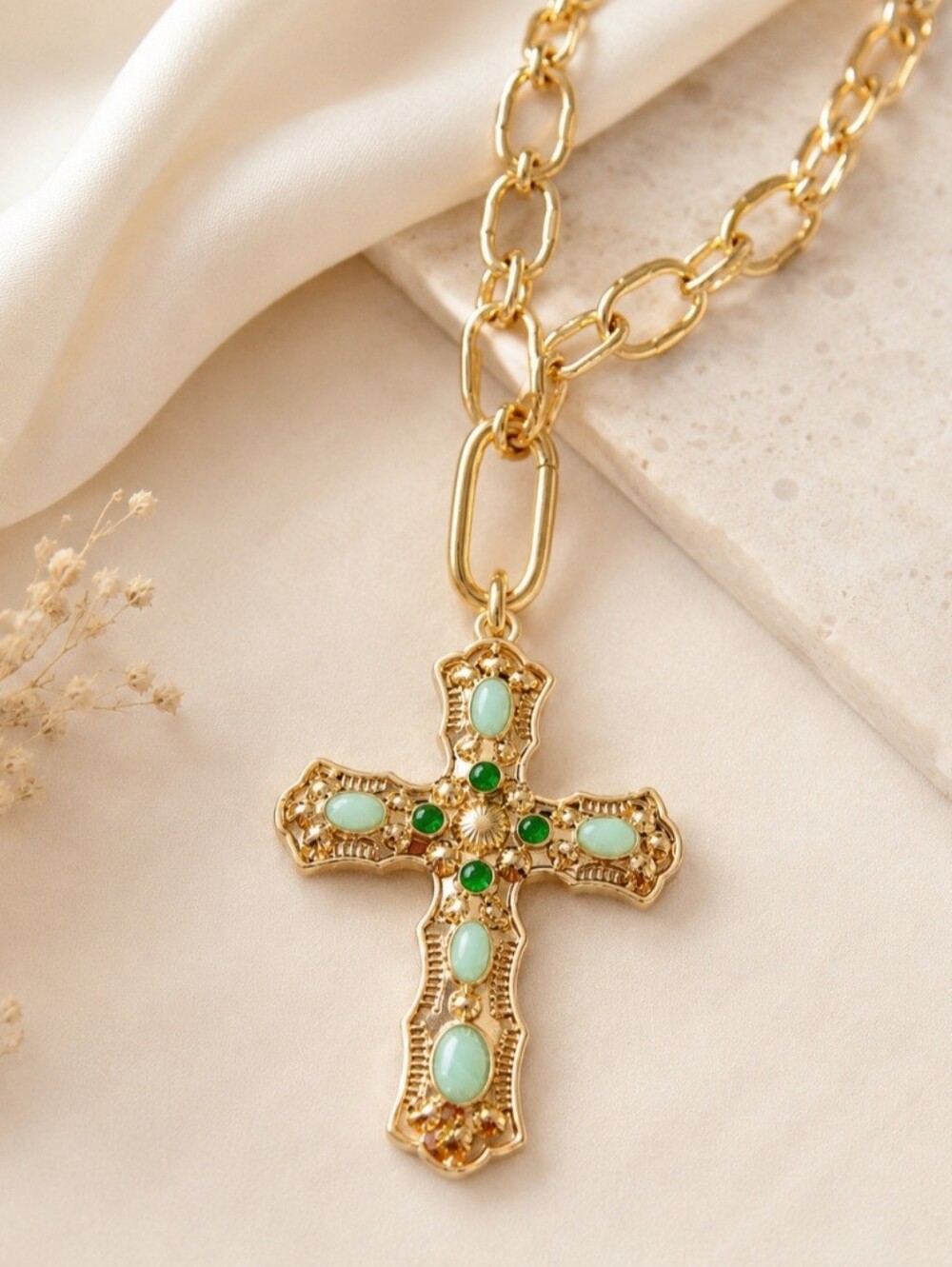 Gold and Green Gemstone Cross Chain Necklace